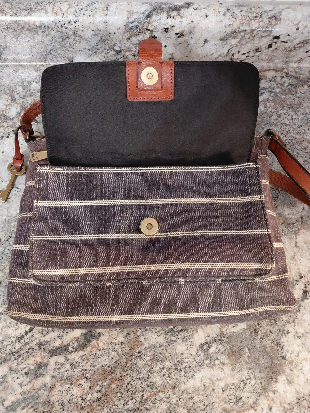 Fossil Women's Kinley Gray Brown Striped Leather & Canvas Crossbody Bag